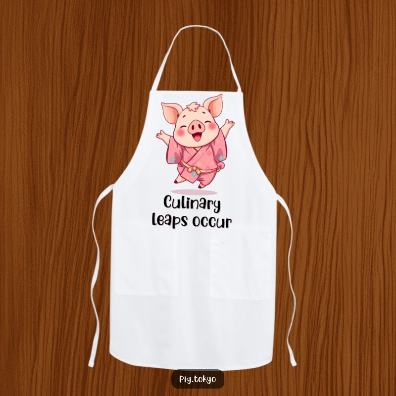 Funny apron print of a playful pig in a vibrant kimono performing a joyful leap, ideal for kitchen fun.