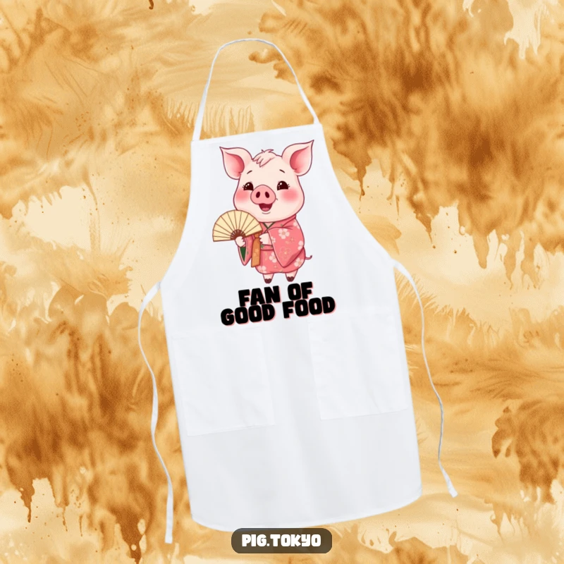 Funny happy pig kimono apron with a pig in a floral kimono holding a fan, adding artistic humor to kitchen tasks.