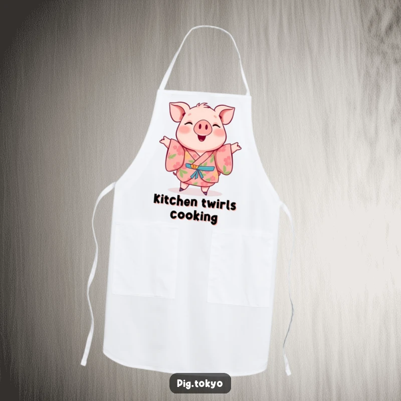 Funny apron print of a cheerful pig in a floral kimono performing a happy twirl, ideal for kitchen fun.