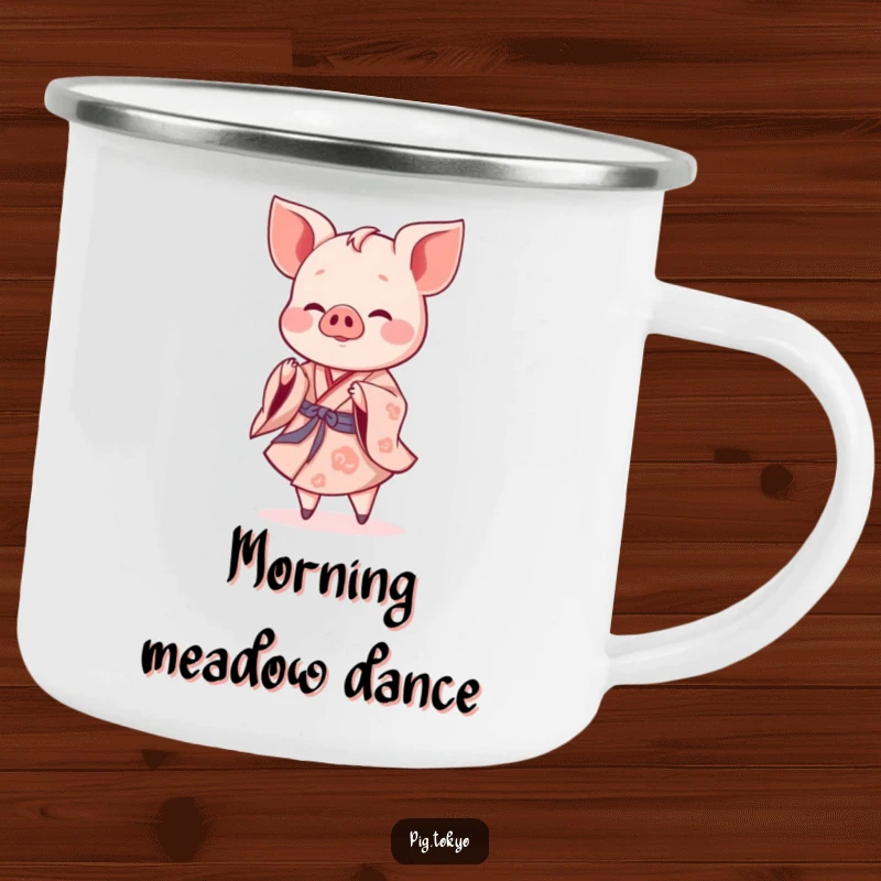 Funny piglet dancer camping mug with a cheerful piglet in a flowing kimono performing a gentle twirl, for outdoor use.
