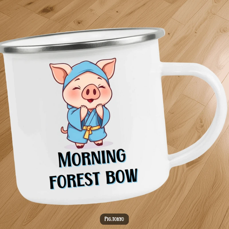 Funny cheerful pig camping mug showing a polite pig wearing a blue robe, gracefully bowing to add humor to outdoor drinks.