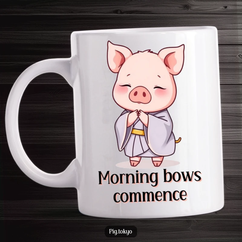 Funny mug showing a graceful pig in an exquisite silk kimono performing an elegant bow, exuding poise and charm.