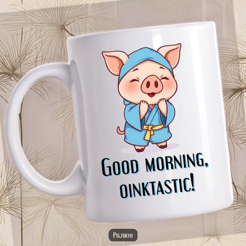 Funny cheerful pig mug with a polite pig wearing a blue robe, gracefully bowing to show respect and spread humor.