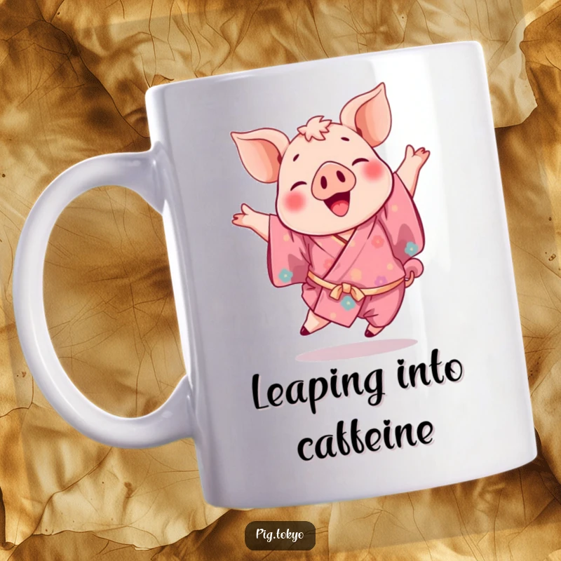 Funny mug depicting a playful pig in a vibrant kimono performing a joyful leap, exuding happiness and whimsy.