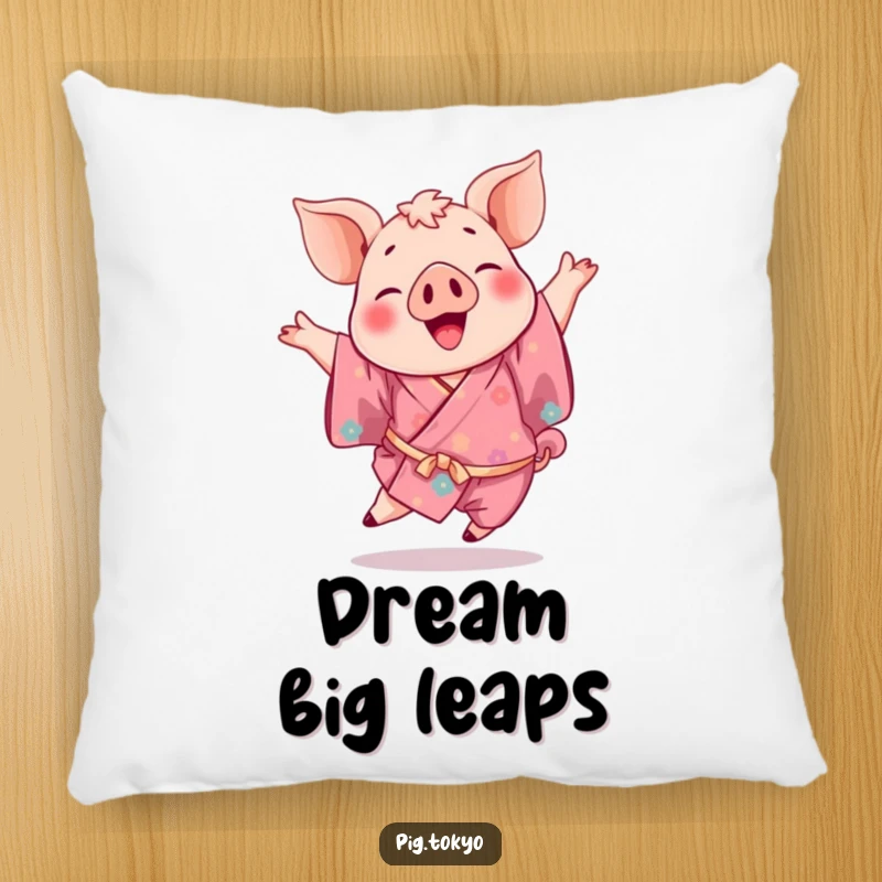 Funny pillow featuring a playful pig in a vibrant kimono doing a joyful leap, perfect for adding humor and comfort.