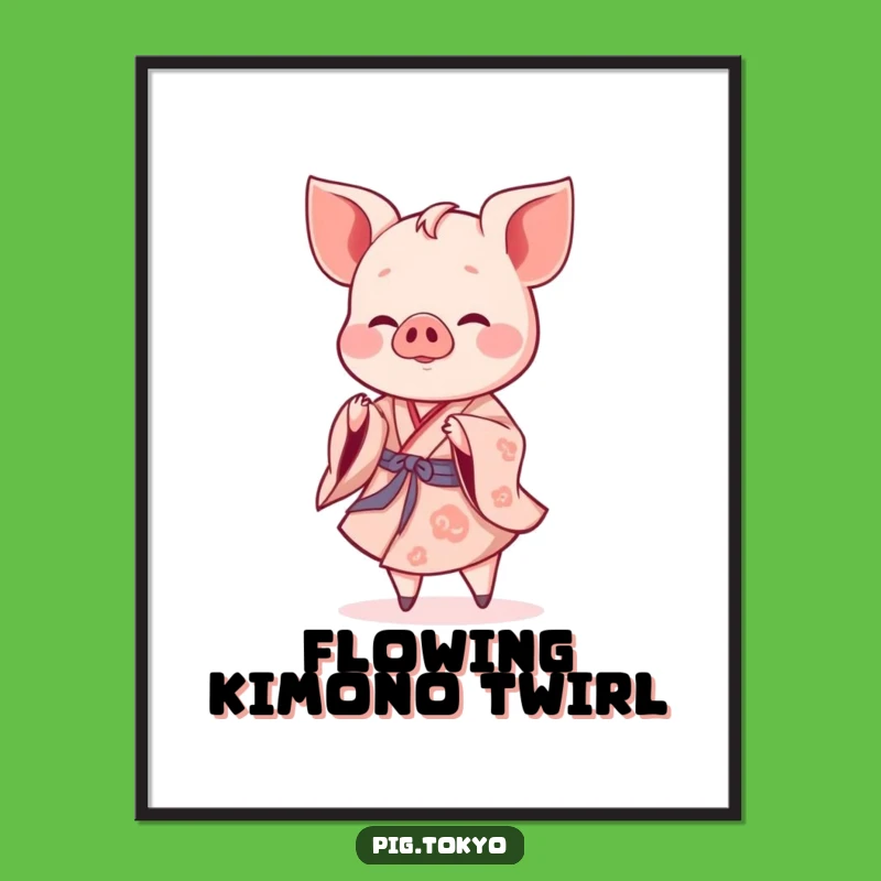 Funny Piglet Twirling Digital Art: Kimono Whimsy, Premium Funny Gift