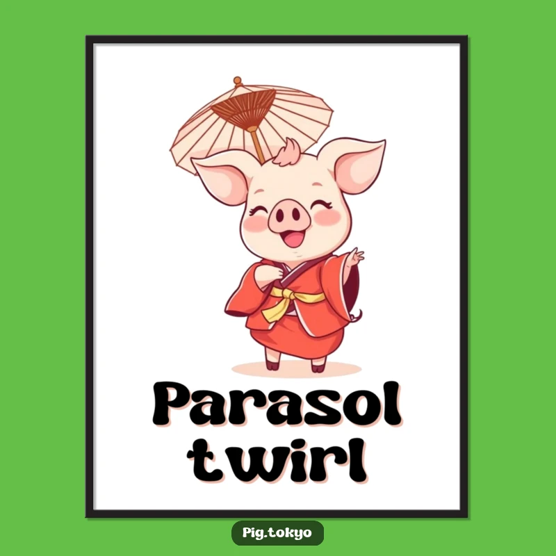 Funny Smiling Pig Dance Digital Print: Red Kimono Art Swine, Instant Festive Decor