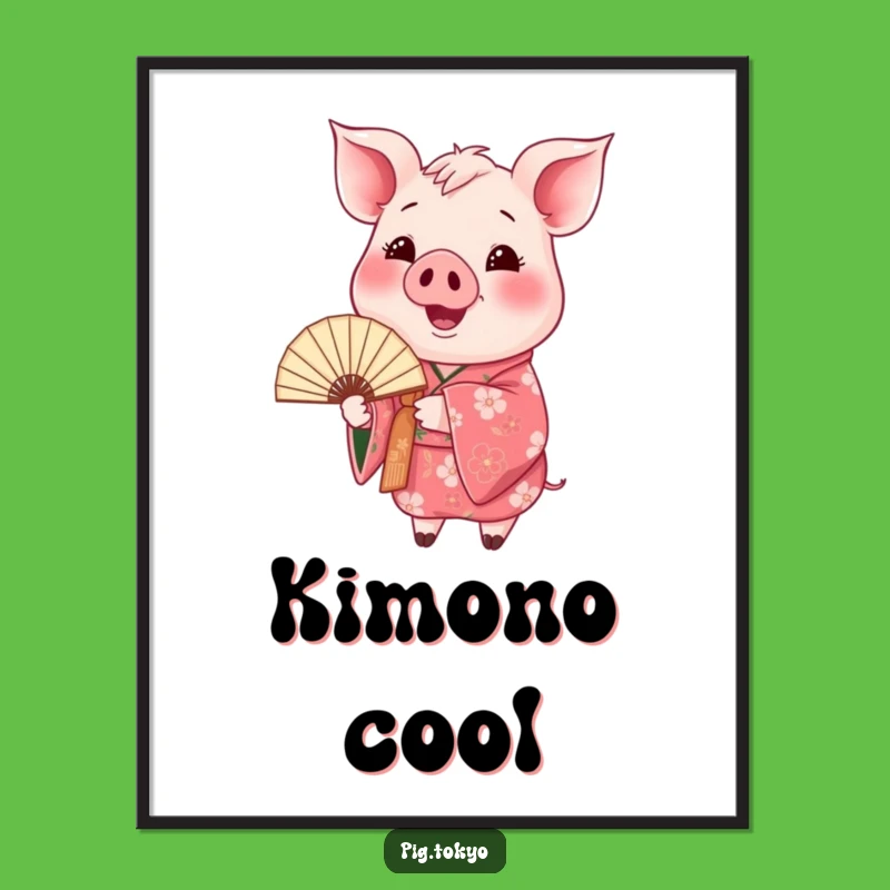 Funny Happy Pig Kimono Digital Print: Floral Art Swine, Instant Charm Decor