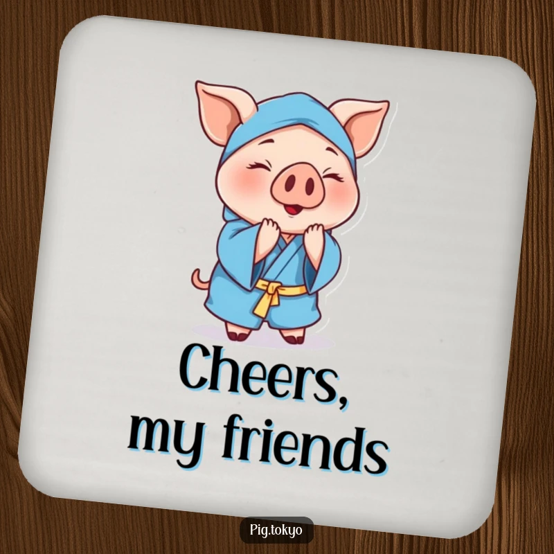Funny cheerful pig coaster set with a polite pig wearing a blue robe, gracefully bowing to protect surfaces with humor.