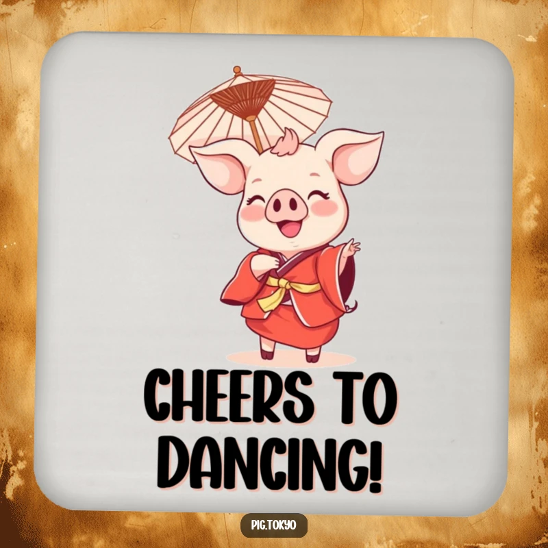 Funny smiling pig dance coaster set with a pig in a red kimono holding a parasol, protecting surfaces with festive humor.