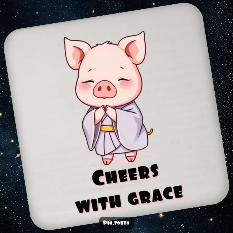 Funny drink coaster featuring a graceful pig in a silk kimono bowing elegantly, perfect for surface protection with style.