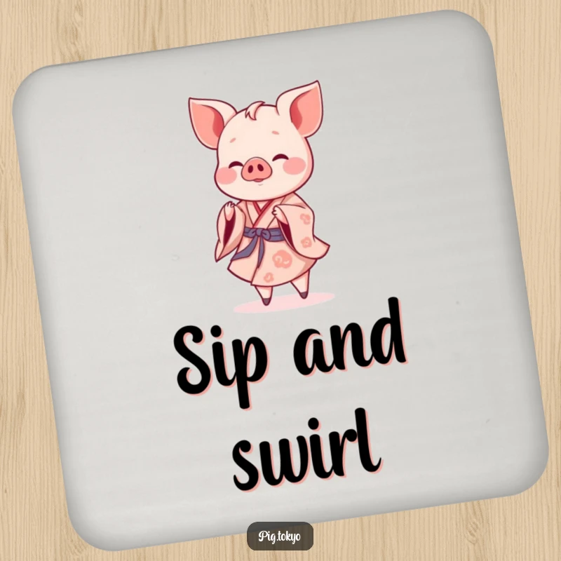 Funny piglet dancer coaster showing a cheerful piglet in a flowing kimono performing a gentle twirl, protecting furniture.