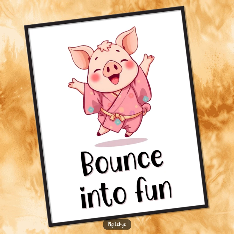 Funny poster print of a playful pig in a vibrant kimono performing a joyful leap, perfect for uplifting wall art.