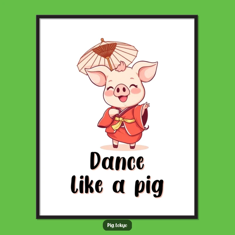 Funny Smiling Pig Dance Poster: Red Kimono Art Swine, Festive Decor Gift