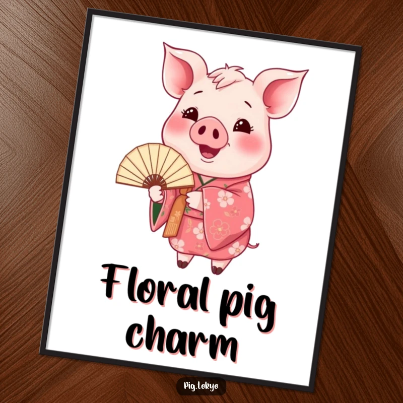 Funny happy pig kimono poster depicting a pig in a floral kimono holding a fan, adding graceful humor and artistic flair.