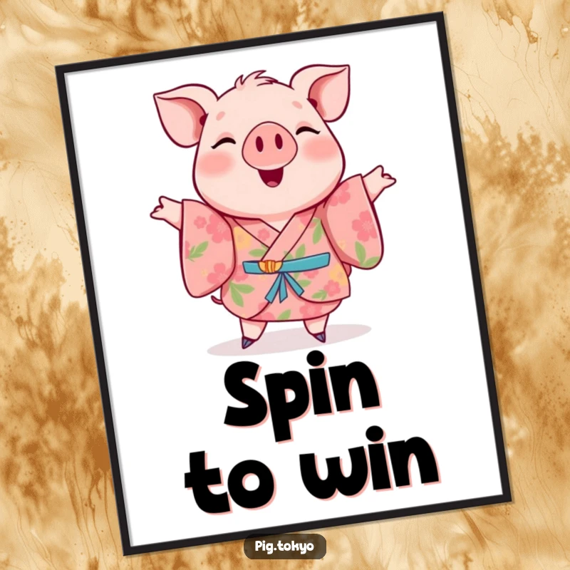 Funny poster print of a cheerful pig in a floral kimono performing a happy twirl, perfect for vibrant wall art.