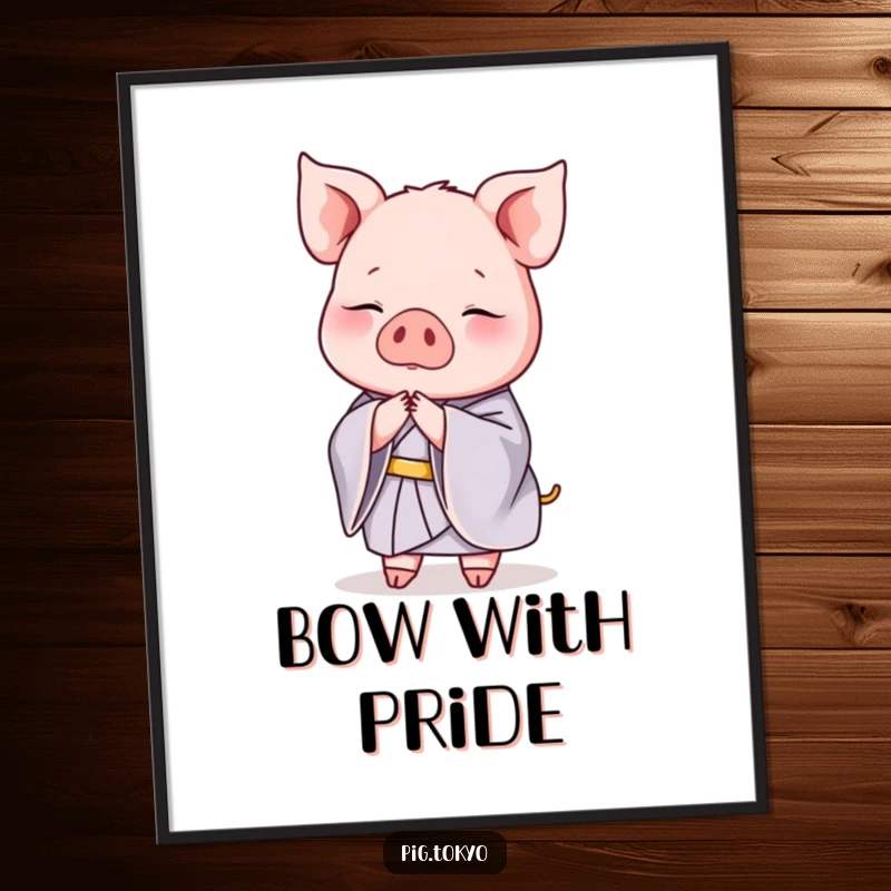 Funny poster print of a graceful pig in a silk kimono executing an elegant bow, perfect for sophisticated wall art.