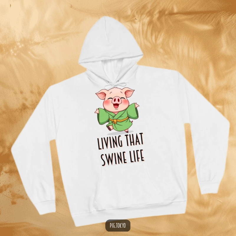 Funny hoodie depicting a giggling pig in a green robe, captured mid-spin, offering warmth and a hearty dose of laughter.