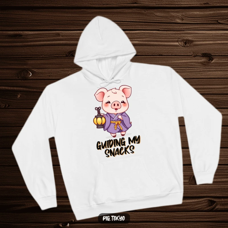 Funny hoodie featuring a playful pig in a purple kimono holding a small lantern, providing warmth and a touch of enchanting humor.
