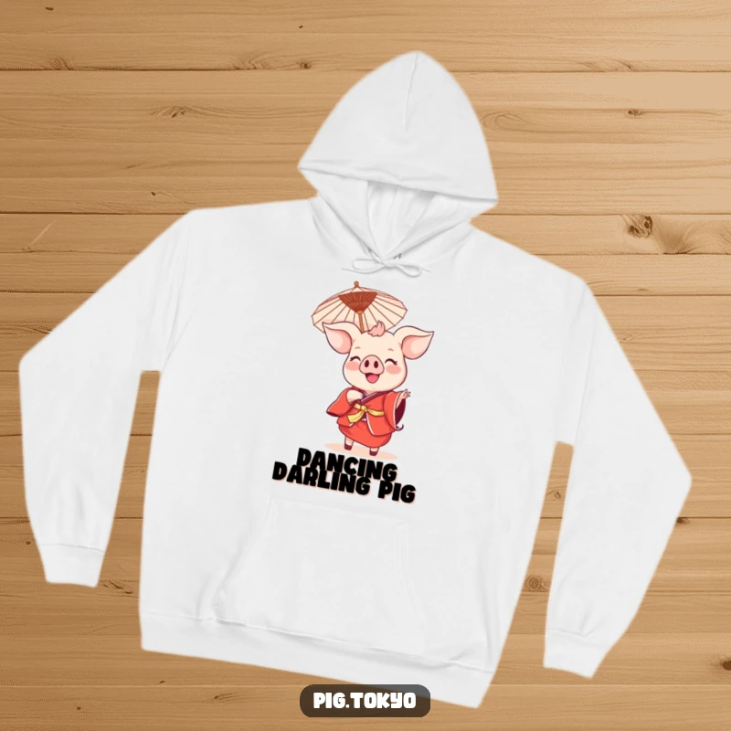 Funny smiling pig dance hoodie with a pig in a red kimono holding a parasol, offering cozy comfort and festive humor.