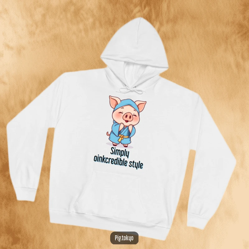 Funny cheerful pig hoodie with a polite pig wearing a blue robe, gracefully bowing to offer comfort and a touch of humor.