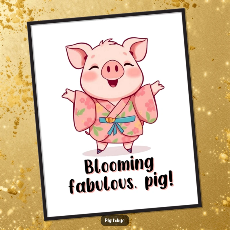 Funny Free Printable Wall Art: A cheerful pig wearing a floral kimono, captured mid-twirl, bringing a sense of fun and vibrant movement to decor.