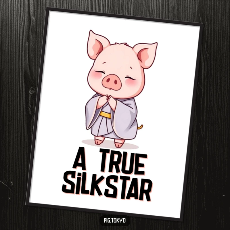 Funny Free Printable Wall Art: A graceful pig dressed in a silk kimono, performing an elegant bow, adding serene and humorous charm to walls.