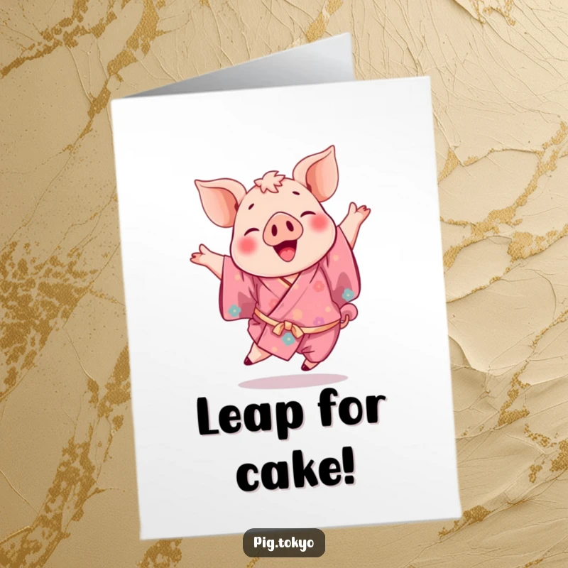 Funny Free Printable Birthday Card: A playful pig in a vibrant kimono joyfully leaping, full of energy and birthday cheer, ready to download.