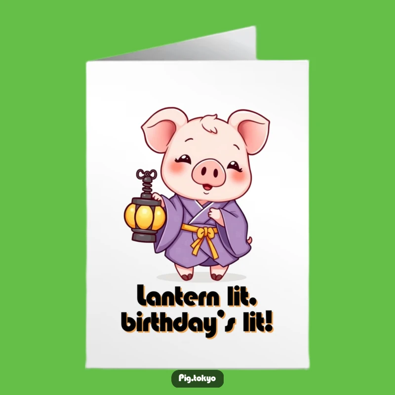 Free Printable Birthday Card: Pig in Kimono with Lantern - Unique Downloadable Gift