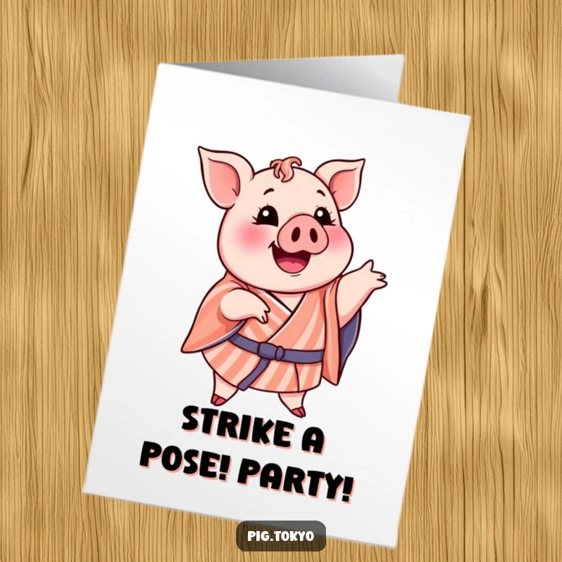 Funny Free Printable Birthday Card: A delighted pig in a striped kimono striking a hilarious pose, full of personality and birthday silliness, downloadable.