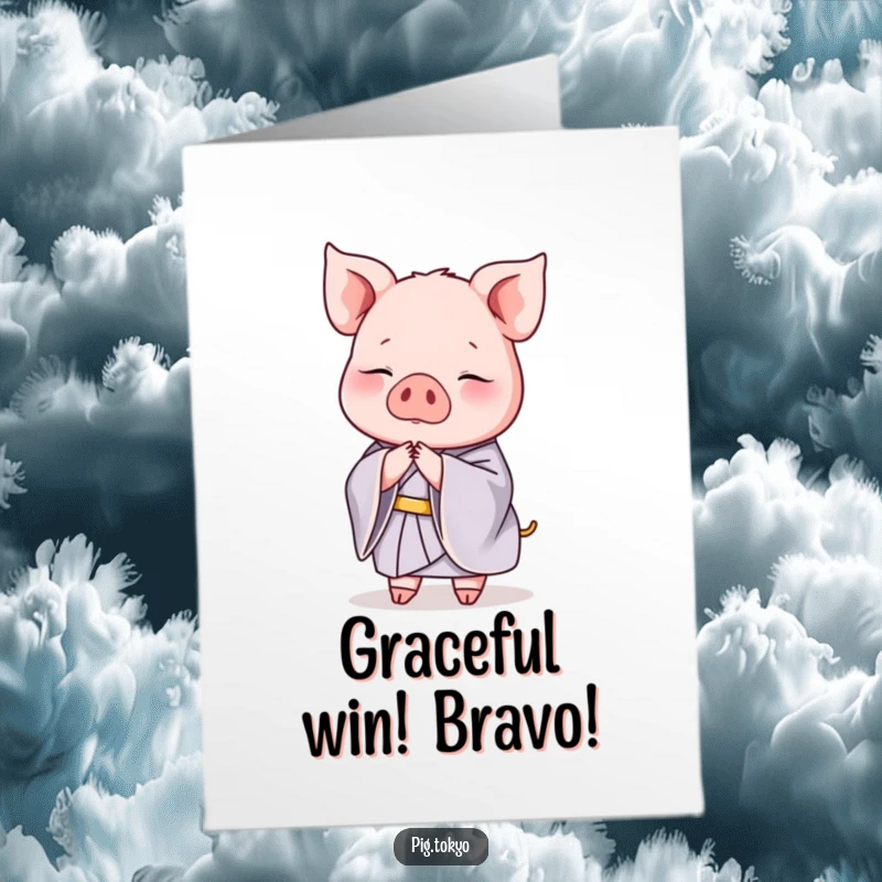 Funny Free Printable Congratulations Card: A graceful pig in a silk kimono performing an elegant bow, symbolizing respect and congratulations, printable art.