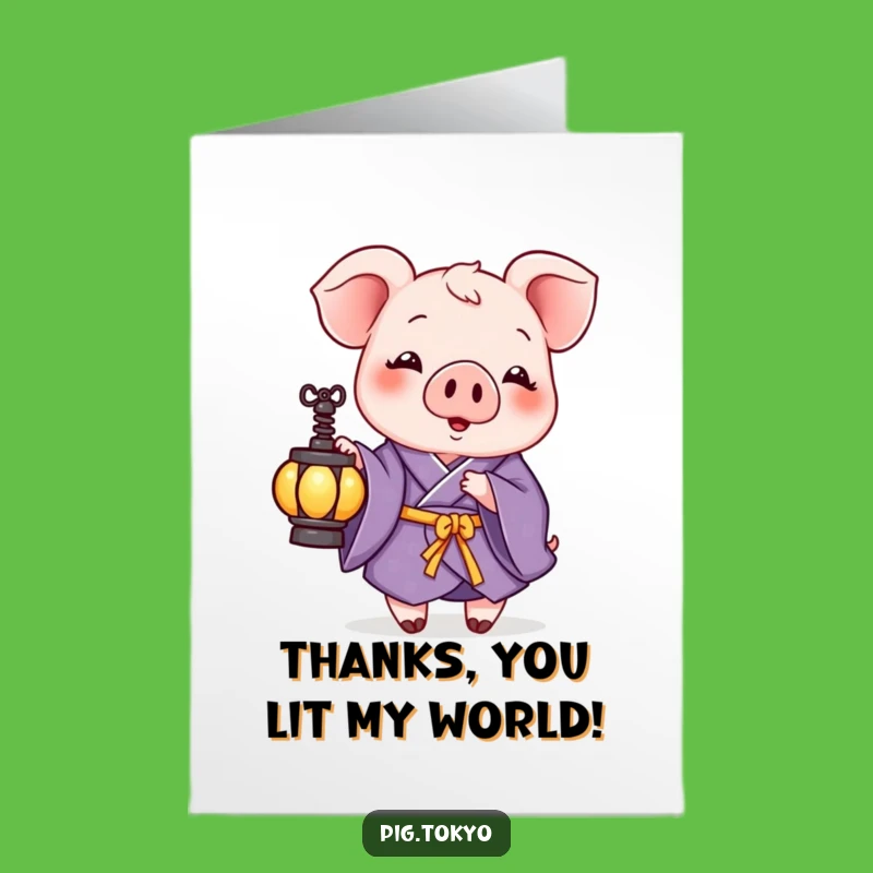 Free Printable Thank You Card: Pig in Kimono Lantern - Grateful Downloadable Message