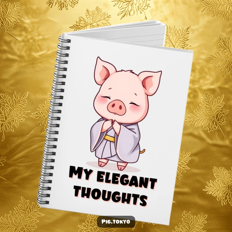 Funny notebook with a graceful pig in a silk kimono bowing elegantly, perfect for jotting down sophisticated ideas.