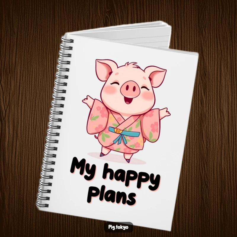 Funny notebook with a cheerful pig in a floral kimono doing a happy twirl, perfect for jotting down creative thoughts.