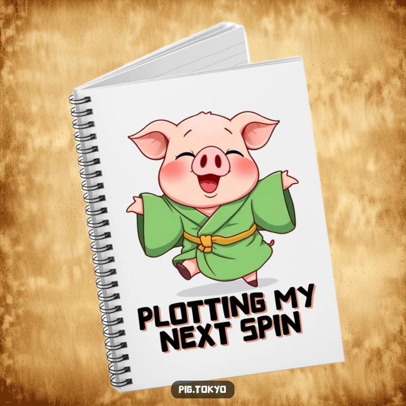 Funny notebook cover with a giggling pig in a green robe, depicted mid-playful spin, inspiring creative jotting and amusing thoughts.