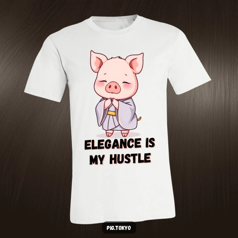 Funny t-shirt design of a graceful pig in a luxurious silk kimono executing an elegant bow, perfect for sophisticated humor.