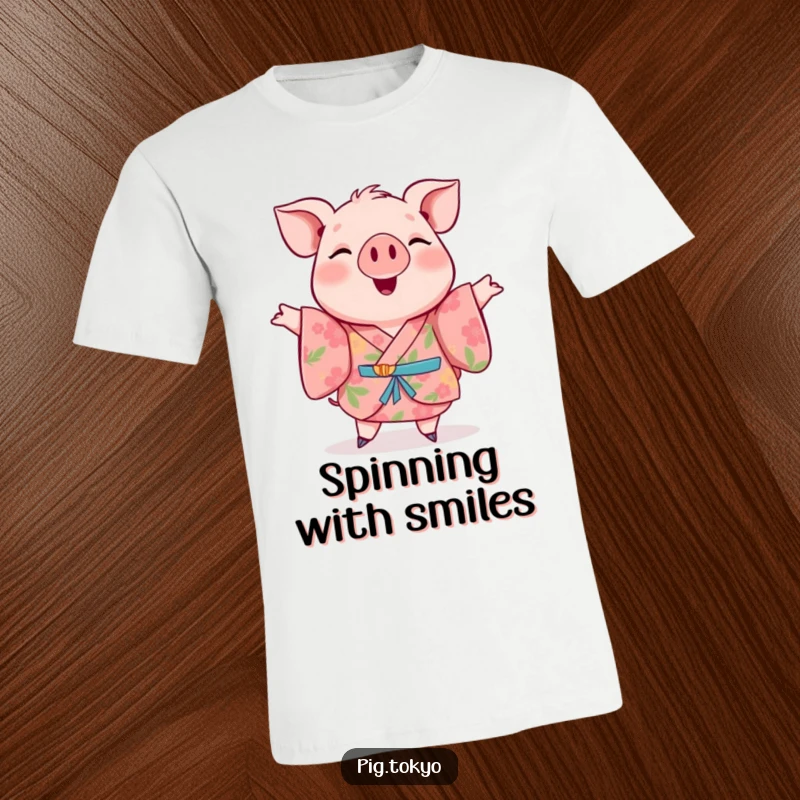 Funny t-shirt featuring a cheerful pig in a floral kimono captured mid-twirl, exuding happiness and playful movement.