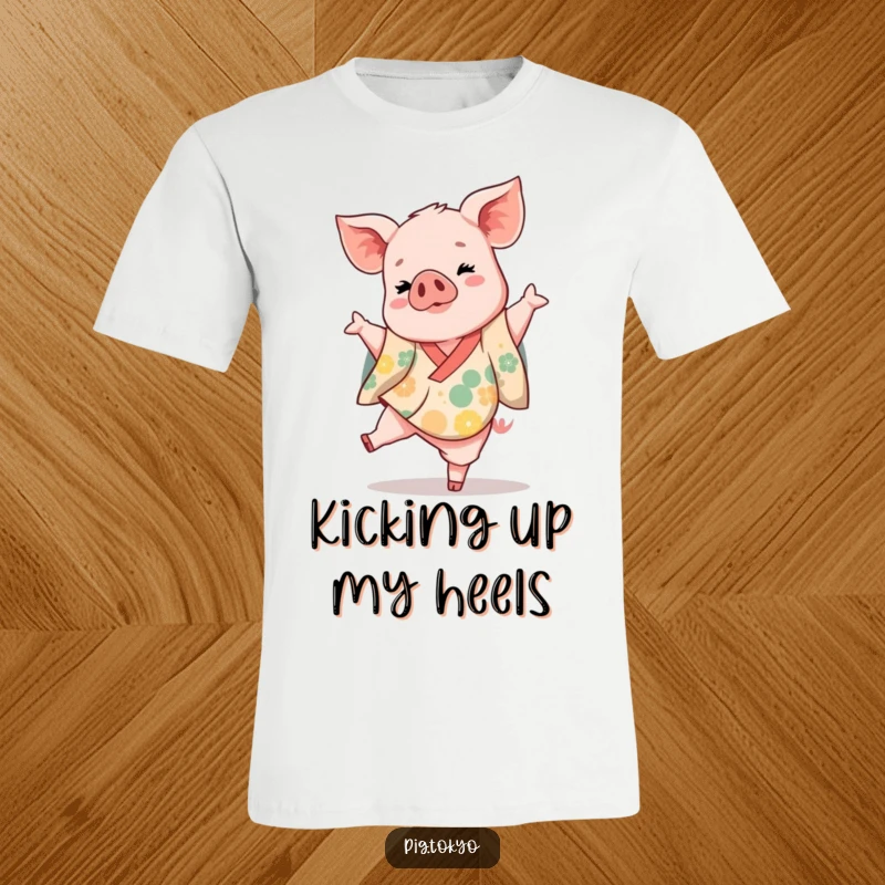 Funny piglet dancer t-shirt with a playful piglet in a vibrant kimono kicking one leg up gracefully, stylish and amusing.