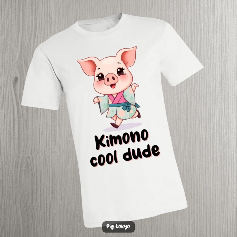 Funny Piglet Kimono T-Shirt: A cheerful piglet in a colorful kimono takes a light skip, a whimsical design for a funny gift.