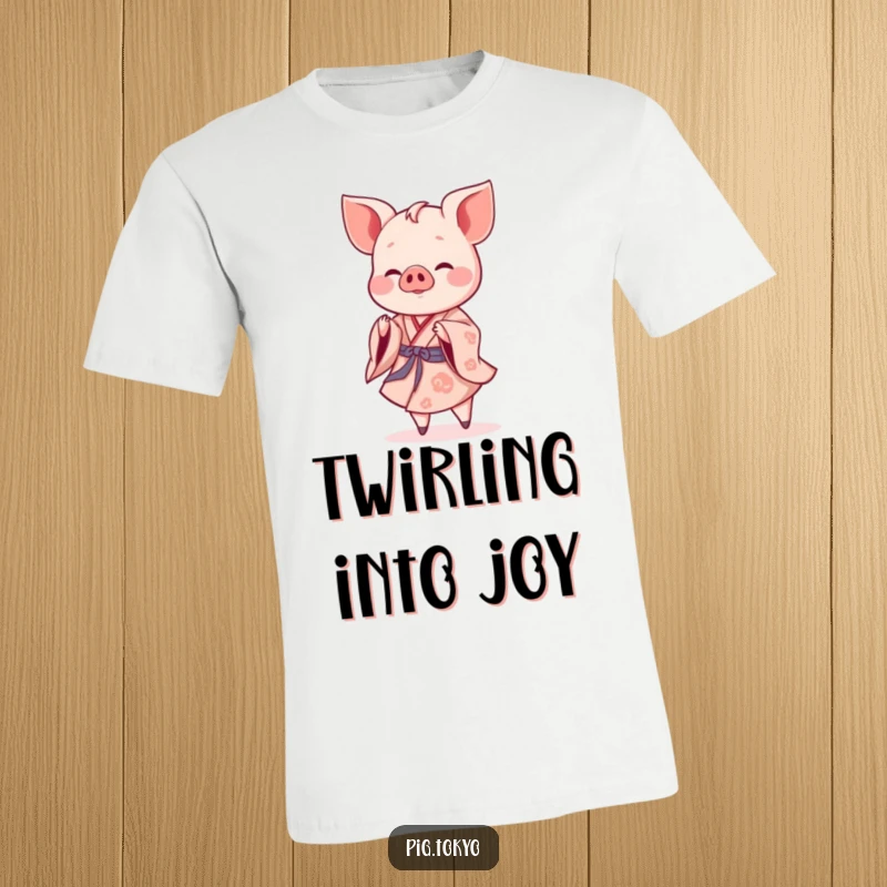 Funny piglet dancer t-shirt featuring a cheerful piglet in a flowing kimono performing a gentle twirl, graceful and amusing.