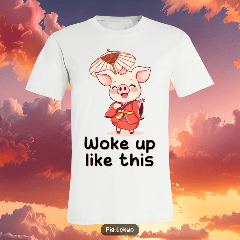 Funny smiling pig t-shirt featuring a pig in a red kimono dancing with a parasol, full of joy and energetic movement.