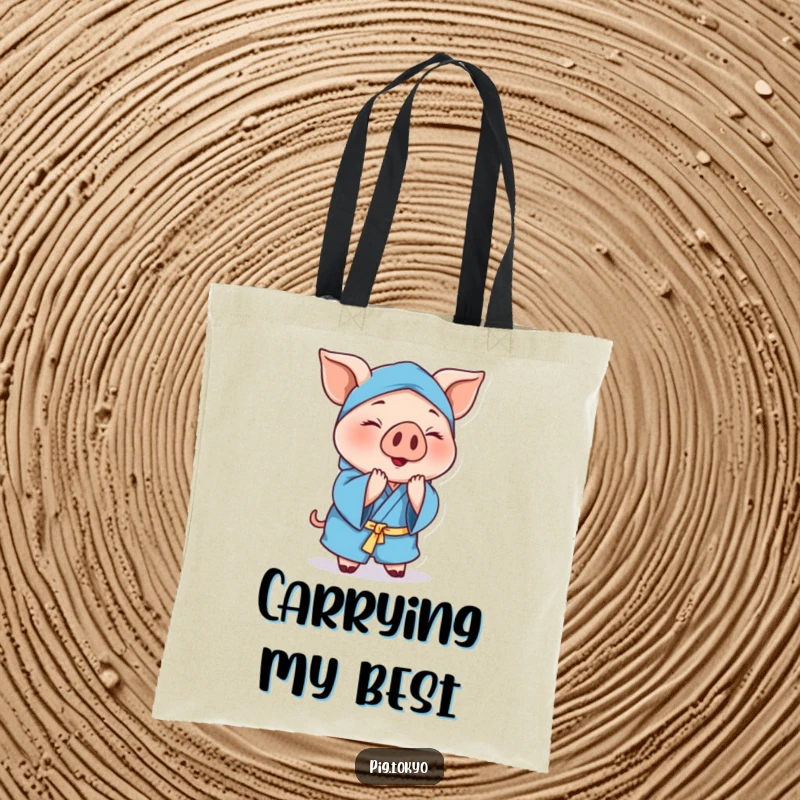 Funny cheerful pig tote bag featuring a polite pig in a blue robe, gracefully bowing to carry items with elegance and humor.