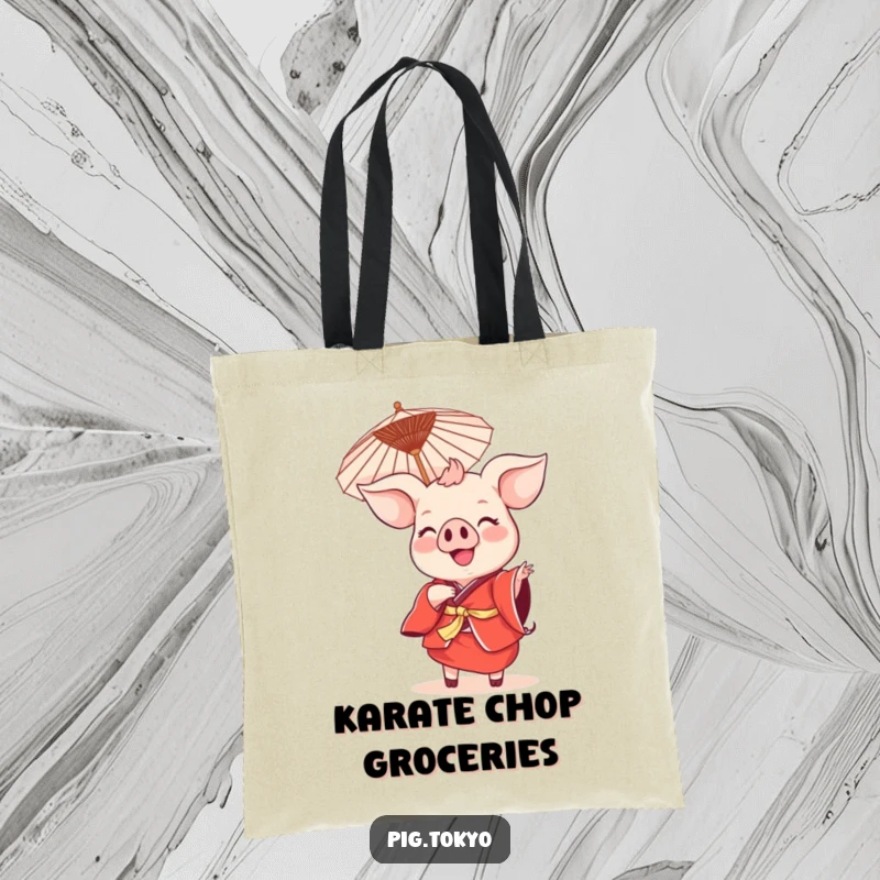 Funny smiling pig dance tote bag with a pig in a red kimono holding a parasol, a vibrant accessory for carrying goods.