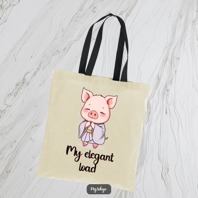 Funny tote bag showcasing a graceful pig in a silk kimono performing an elegant bow, ideal for stylish carrying.