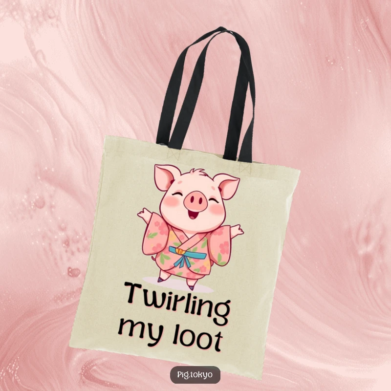 Funny tote bag showcasing a cheerful pig in a floral kimono mid-twirl, ideal for shopping and carrying happiness.